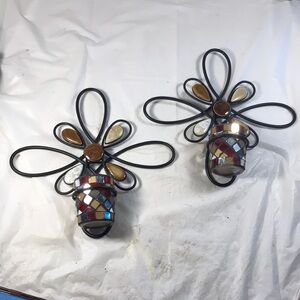 Decorative Metal and Mosaic Candle Holders and Stones Vintage Wall Sconces